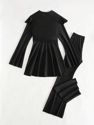 Swim Mulvari طقم عطلة صيفي مكون من 2 قطعة، بوركيني عباءة مع أكمام طويلة، بتصميم أنيق من السروال ذو أطراف متسعة والتنورة ذات الكشكشة على الصدر