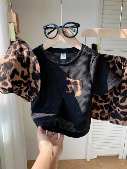 3 قطع/مجموعة ملابس علوية قصير الأكمام بطبعة النمر ، قمصان مُحبوكة ، شورت وقبعة شمس لأطفال الرضع ، ملابس عادية مريحة للأولاد/البنات، مناسبة للارتداء اليومي والخارجي والرياضة واللعب والحفلات والتصوير والعطلات، للربيع والصيف