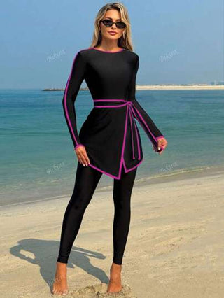 طقم تانكيني حريمي Bikinx بدلة السباحة المتواضعة الأنيقة ذات الأكمام الطويلة والرباط المتباين للنساء للاستخدام في الشاطئ والعطلات