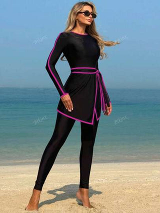طقم تانكيني حريمي Bikinx بدلة السباحة المتواضعة الأنيقة ذات الأكمام الطويلة والرباط المتباين للنساء للاستخدام في الشاطئ والعطلات