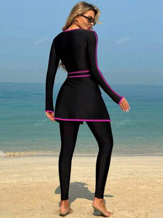 طقم تانكيني حريمي Bikinx بدلة السباحة المتواضعة الأنيقة ذات الأكمام الطويلة والرباط المتباين للنساء للاستخدام في الشاطئ والعطلات