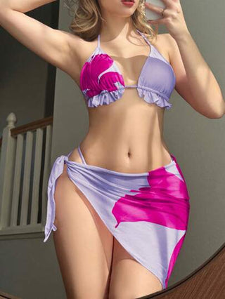Swim Mod مجموعة بكيني مزينة بكشاكش ظهر مفتوح مع تنورة شبكية 3 قطع للنساء، بطبعة زهرية، ملابس سباحة للنساء، لموسم الصيف والعطلات والمهرجانات البوهيمية