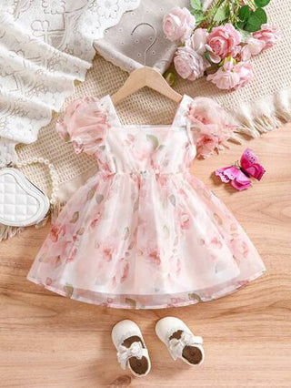 فساتين بيبي Souflis Souflis فستان بنات صغار بأكمام منتفخة من التول المطبوع بورود، للصيف