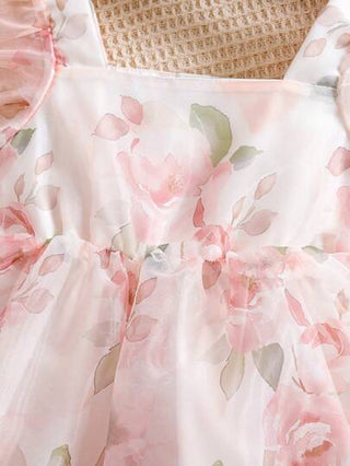 فساتين بيبي Souflis Souflis فستان بنات صغار بأكمام منتفخة من التول المطبوع بورود، للصيف