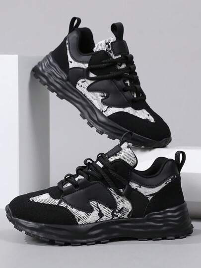 احذية رياضية للرجال موديل 2025، تصميم لسان سميك، أنف مستدير مربوط بسحاب، مانع الإنزلاق، نسيج شبكي متناسق بشكل غير متماثل،أحذية جري للأزواج، أحذية كاجوال من قماش المخمل والجلد الصناعي PU، شبكة كثيفة ،نعل إيفا سميك و خفيف الوزن