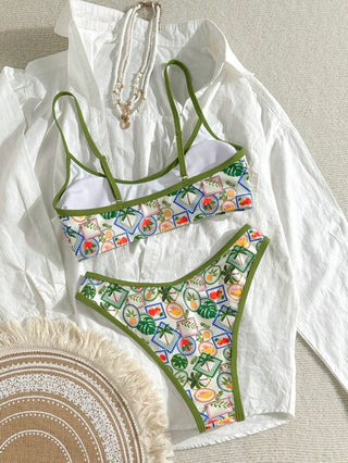 Swim Mod طقم بكيني بتصميم عشوائي للنساء بسترابات رفيعة وشورت سباحة ذات قطع عالي، بدلة سباحة لإجازة الشاطئ