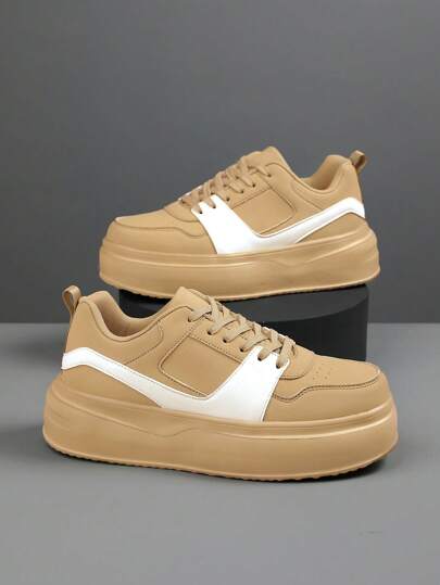 أحذية كاجوال كلاسيكية بلون منقسم ولمسة جلديّة للرجال، أحذية رياضية أنيقة للشارع، تصميم أربطة أمامية مناسبة لارتداء اليومي للمراهقين، وكذلك النشاطات الخارجية كالمشي والركض'