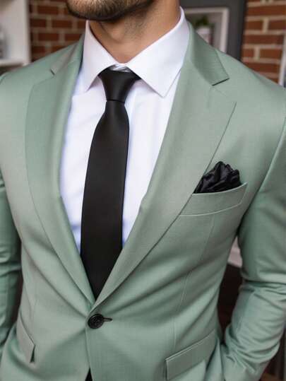 Manfinity Homme بدلة رجالية كاملة المقاس مكونة من جاكيت بياقة وأكمام طويلة ومزينة بتأثير البلي مع بنطلون من قطعة واحدة، بلون موحد