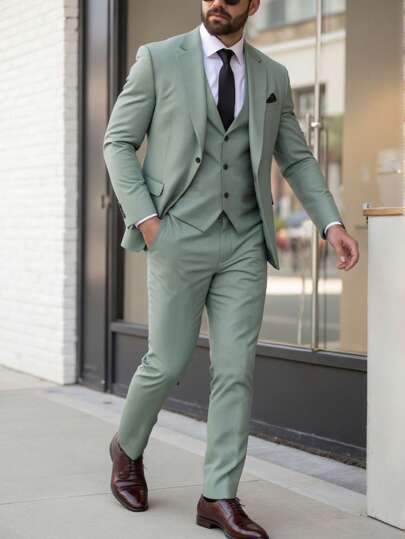 Manfinity Homme بدلة رجالية كاملة المقاس مكونة من جاكيت بياقة وأكمام طويلة ومزينة بتأثير البلي مع بنطلون من قطعة واحدة، بلون موحد