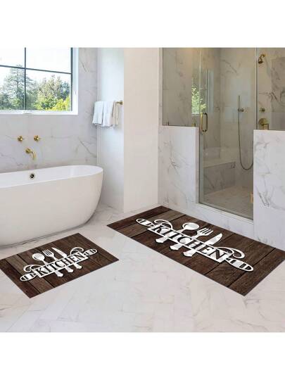 قطعة واحدة سجادة منزلية للمطبخ، بوزن 300~800 جرام، بنمط خشبي عتيق لسكين وشوكة، أدوات مطبخ، مناسبة جداً لديكور المنزل وسجادة الحمام، مانعة للانزلاق ومقاومة للاتساخ، قابلة للغسل بالغسالة.