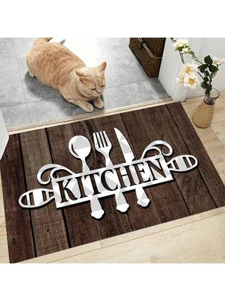 قطعة واحدة سجادة منزلية للمطبخ، بوزن 300~800 جرام، بنمط خشبي عتيق لسكين وشوكة، أدوات مطبخ، مناسبة جداً لديكور المنزل وسجادة الحمام، مانعة للانزلاق ومقاومة للاتساخ، قابلة للغسل بالغسالة.