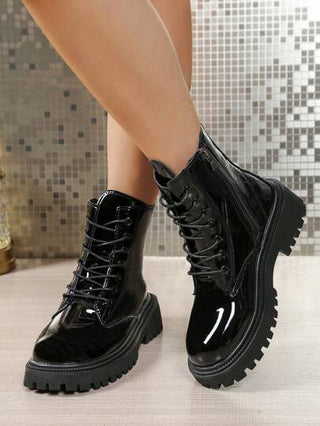 بوت برقبة قصيرة نسائية جديدة من الجلد اللامع PU بسُمك الوحدة الأساسية ذات الرباط السحاب، بوت دراجة نارية ذات طراز رجعي