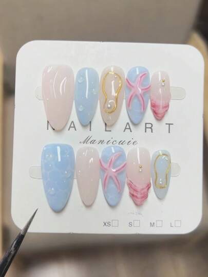 10 قطعة/مجموعة غلاف أظافر ب- 3D بتصميمات نجمة البحر ، الأصداف ، موجات المحيط والنقشات، أطراف أظافر يدوية الصنع عالية الجودة ، مناسبة للاستخدام اليومي والعطلات والحفلات ، وتُشكل هدية رائعة أيضًا