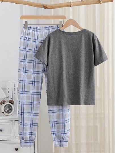 مجموعة صبية مراهقة طقم سراويل كاجوال منقوشة وقميص كم قصير مع طباعة حرفية ، ملابس نوم عصرية قطعتين