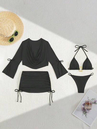 طقم تانكيني حريمي Swim SXY طقم مكون من 4 قطع: بكيني شرائط ذو قطعتين في الأعلى للرقبة، ملابس علوية مطرزة طويلة الأكمام فضفاضة، تنورة قصيرة بربطة الخصر، أنيق وجذاب مناسب للشاطئ والنادي والمنتجعات
