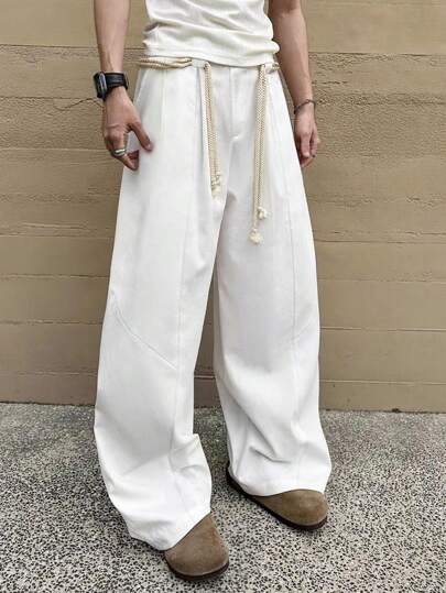 Manfinity Hypemode بنطلون كارجو طويل بساق مستقيمة مرتخية مع خصر بسحاب، طراز أمريكي كاجوال، باللون الأبيض