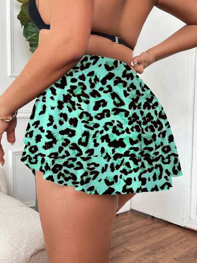 Swim Lushoire قطعة سفلية للسباحة للمرأة بحجم كبير مطبوعة بنمط النمر مع حافة غير متماثلة