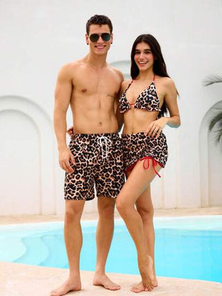 Manfinity Swimmode سروال قصير رجالي بخصر رباط بطبعة نمر للشاطئ