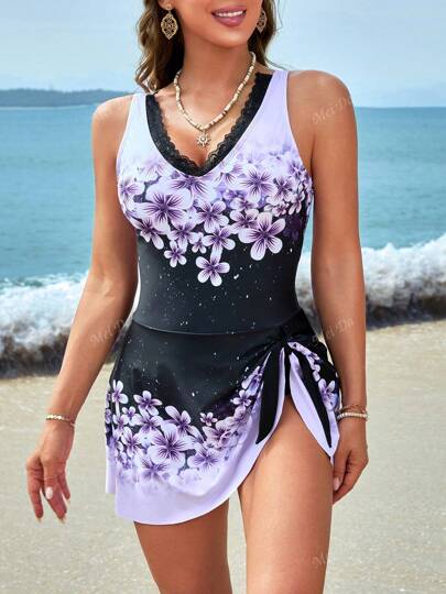 مايوه حريمي قطعة واحدة بذلة سباحة نسائية قطعة واحدة مثيرة مزينة بالدانتيل نحت الصدر وخصر ملزوم، مناسبة للصيف والشاطئ