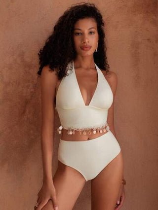 طقم تانكيني حريمي Swim Chiccia طقم ملابس علوية كامسول وتانكيني سباحة بشريط معلق بلون المشمش ذو حاشية عريضة للنساء