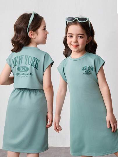 تيشيرتات بناتي فستان محبوك مطبوع عليه حرف بتناسق على شكل ظهر مفتوح للفتيات بلون سادة