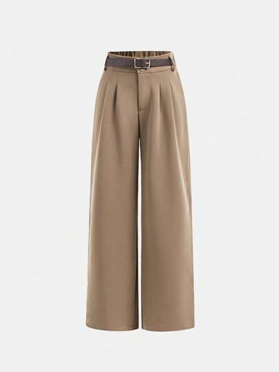 SHEIN بنطلونات خصر عالي للفتيات البالغات، واسعة الساق مع حزام، بنطلونات عمل كاجوال متعددة الاستخدامات