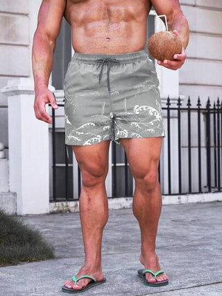 Manfinity Swimmode شورت شاطئ قصير بسحاب خصر مع طباعة سمكة القرش، هاواي