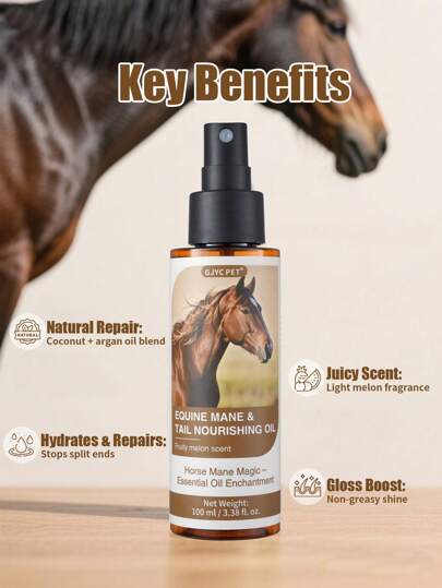 GJYC PET زيت لمشط لجمال المؤخرة والذيل المنتشر في الحصان ، برائحة البطيخ الفاكهية - يقوي ويلمع ويصلح الشعر المتطاير | خليط من جوجوبا وماكاديميا والكيراتين | يمنح سهولة في المشط ويحمي من الحرارة والأشعة فوق البنفسجية (3.38 أونصة سائلة)