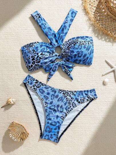 مايوه حريمي قطعة واحدة بكيني ذو ظهر مكشوف ومربوط بطراز نمر، ملابس شاطئ للاصطياف وقضاء العطلات