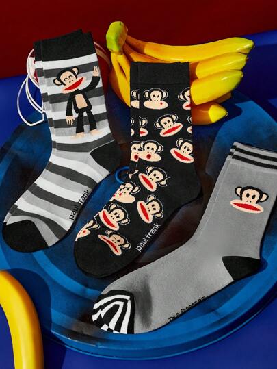 Paul Frank X SHEIN 3 أزواج من الجوارب القطنية المتنفسة والماصة للرطوبة بتصميم كرتوني، مقواة من الأصابع والكعب للقوة والتحمل، مناسبة لجميع الأجواء