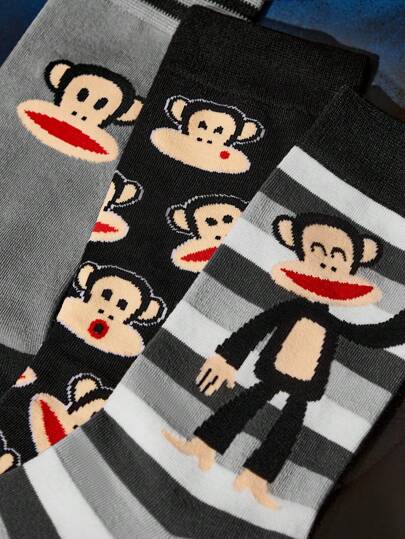 Paul Frank X SHEIN 3 أزواج من الجوارب القطنية المتنفسة والماصة للرطوبة بتصميم كرتوني، مقواة من الأصابع والكعب للقوة والتحمل، مناسبة لجميع الأجواء