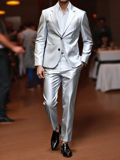 Manfinity AFTRDRK بدلة رجالي بقصة ضيقة بذهبي واحد ذات الطيات تضم جاكيت و بنطلون، زي خاص لمسرح