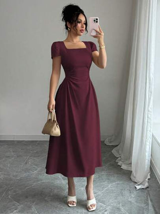 فساتين حريمي Elenzga فستان أنيق للنساء بأكمام منتفخة ذو طول متوسط باللون الأحادي، تصميم رقبة مربعة مع حزام، مناسب للكاجوال/العمل/السفر/التناول بعد الظهيرة، للربيع والصيف
