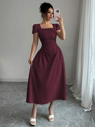 فساتين حريمي Elenzga فستان أنيق للنساء بأكمام منتفخة ذو طول متوسط باللون الأحادي، تصميم رقبة مربعة مع حزام، مناسب للكاجوال/العمل/السفر/التناول بعد الظهيرة، للربيع والصيف