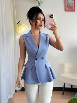 Elenzga جاكيت بدون أكمام بطبعة لون أحادي بياقة على شكل حرف V، مناسبة للصيف