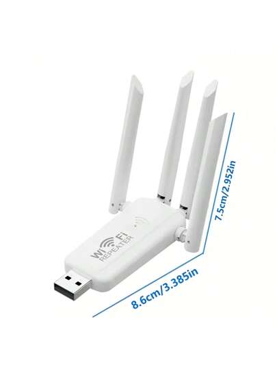 جهاز تقوية إشارة لاسلكي 300 ميجابت في الثانية ب- 4 هوائيات، مكبر إشارة السلكي بسرعة 2.4 جيجاهرتز لزيادة مدى الشبكة، يعمل عبر منفذ USB، بتصميم أنيق أسود وأبيض، للكمبيوتر والمكتب والاستخدام الداخلي