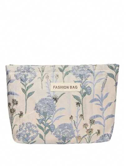 1 قطعة حقيبة مستحضرات تجميل نسائية ذات سعة كبيرة بطبعة زهور زرقاء، محفظة أدوات تجميل محمولة للسفر، حقيبة أدوات القرطاسية، ضروريات السفر، حقيبة مستحضرات التجميل، ضروريات العطلات، حقيبة جمال الخريف