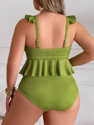 SHEIN CURVE+ ملابس سباحة خضراء مقاس كبير للسيدات، طقم بكيني متموج جذاب بفتحة رقبة علوية