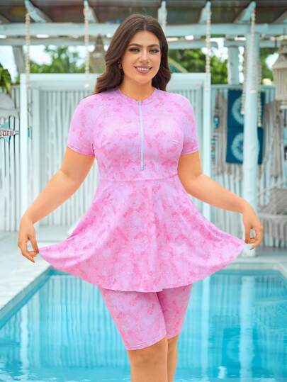 Swim Shayni طقم بوركينى للنساء البدينات باللون الوردى، ملابس علوية ملابس علوية قصير بأكمام قصيرة وبنطال طويل محتشم، موضة للعطلات والكاجوال