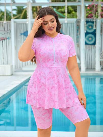 Swim Shayni طقم بوركينى للنساء البدينات باللون الوردى، ملابس علوية ملابس علوية قصير بأكمام قصيرة وبنطال طويل محتشم، موضة للعطلات والكاجوال