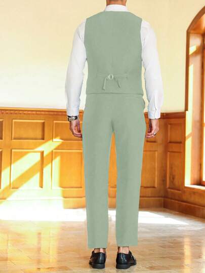 Manfinity Mode طقم رجالي رسمي من سترة بدون أكمام أحادية الصدر وبنطال بدلة رسمية، بدلة زفاف رسمية للرجال