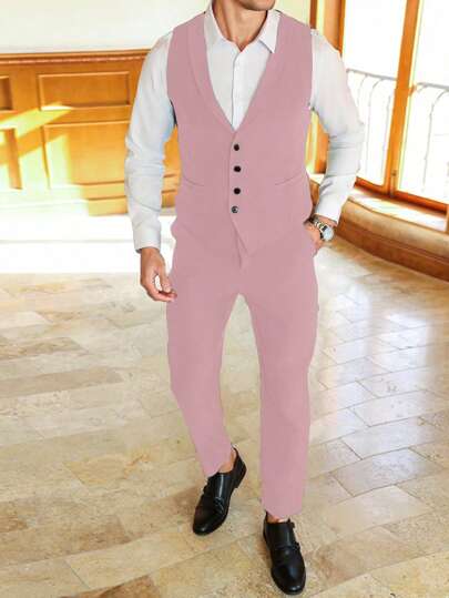 Manfinity Mode بدلة عصرية للرجال من قطعتين، صدرية منفردة الصدر كاجوال بدون أكمام وبنطلون مجموعة