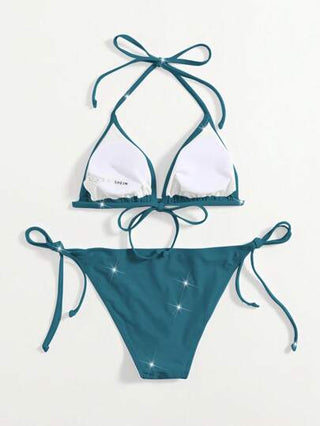 طقم تانكيني حريمي Swim Mod 2 قطعة من مجموعة بكيني الفوط الأنيق المصمم بخطوط عمودية بلون أزرق مائل للخضرة اللامع ، ملابس سباحة كاجوال مناسبة للربيع والصيف وحفلات الشاطئ والعطلات
