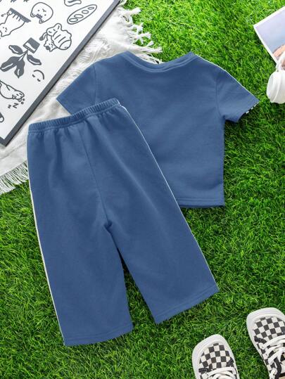 SHEIN طقم ملابس مكون من 2 قطعة (ملابس علوية وبنطلون) للأطفال الصغار, ملابس علوية بأكمام متساقطة وياقة مستديرة وبنطلون رياضي فضفاض ذو أربطة, نسيج محبوك ناعم وللموسم الربيع والصيف للارتداء داخل وخارج المنزل