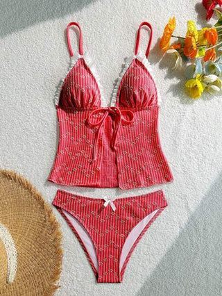 طقم تانكيني حريمي Swim Mod مجموعة بدلة سباحة من قطعتين من قماش منسوج بنمط بسيط وجميل، الجزء العلوي من نوع تانكيني والجزء السفلي من نوع V-مقطع