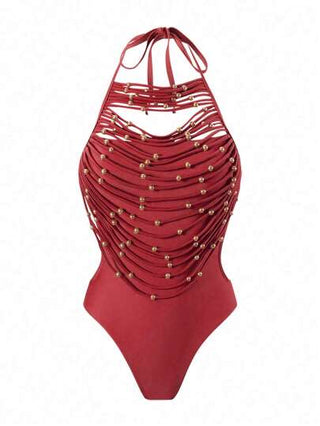 مايوه حريمي قطعة واحدة Swim Chiccia بدلة سباحة نسائية قطعة واحدة على طراز بوهو أبيض، ذات رقبة مستديرة وشكل الحلقة وأشرطة معدنية بخرز وشراريب