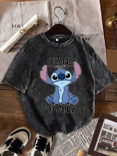 ملابس علوية قطني مطبوع بنمط "حروف البيبي ستيتش الفضائي ديزني" تي شيرت صيفي نسائي مطبوع بأكمام قصيرة ملابس علوية منتظم موضة نيش مغسول بنمط الثلج