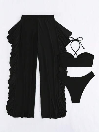 Swim Vcay مجموعة بيكيني أحادية اللون للشاطئ الصيفي تتكون من حمالة بلا سلك وسروال بيكيني قطع عالي وبنطلون تغطية شبكي قطعة 3