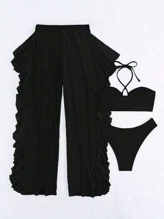 Swim Vcay مجموعة بيكيني أحادية اللون للشاطئ الصيفي تتكون من حمالة بلا سلك وسروال بيكيني قطع عالي وبنطلون تغطية شبكي قطعة 3