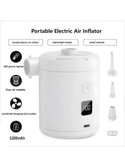 1 مضخة هواء صغيرة محمولة، ضاغط هواء كهربائي، مضخة قابلة للشحن لا سلكي، مضخة نفخ وتفريغ مناسبة للنفخ والتفريغ للقوارب والأسرة الهوائية وحلقات السباحة، سعة 5200 ميلي أمبير
